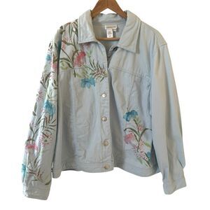 Vintage Coldwater Creek Womes Floral Denim Jacket Size 3X Blue Retro Bohemian